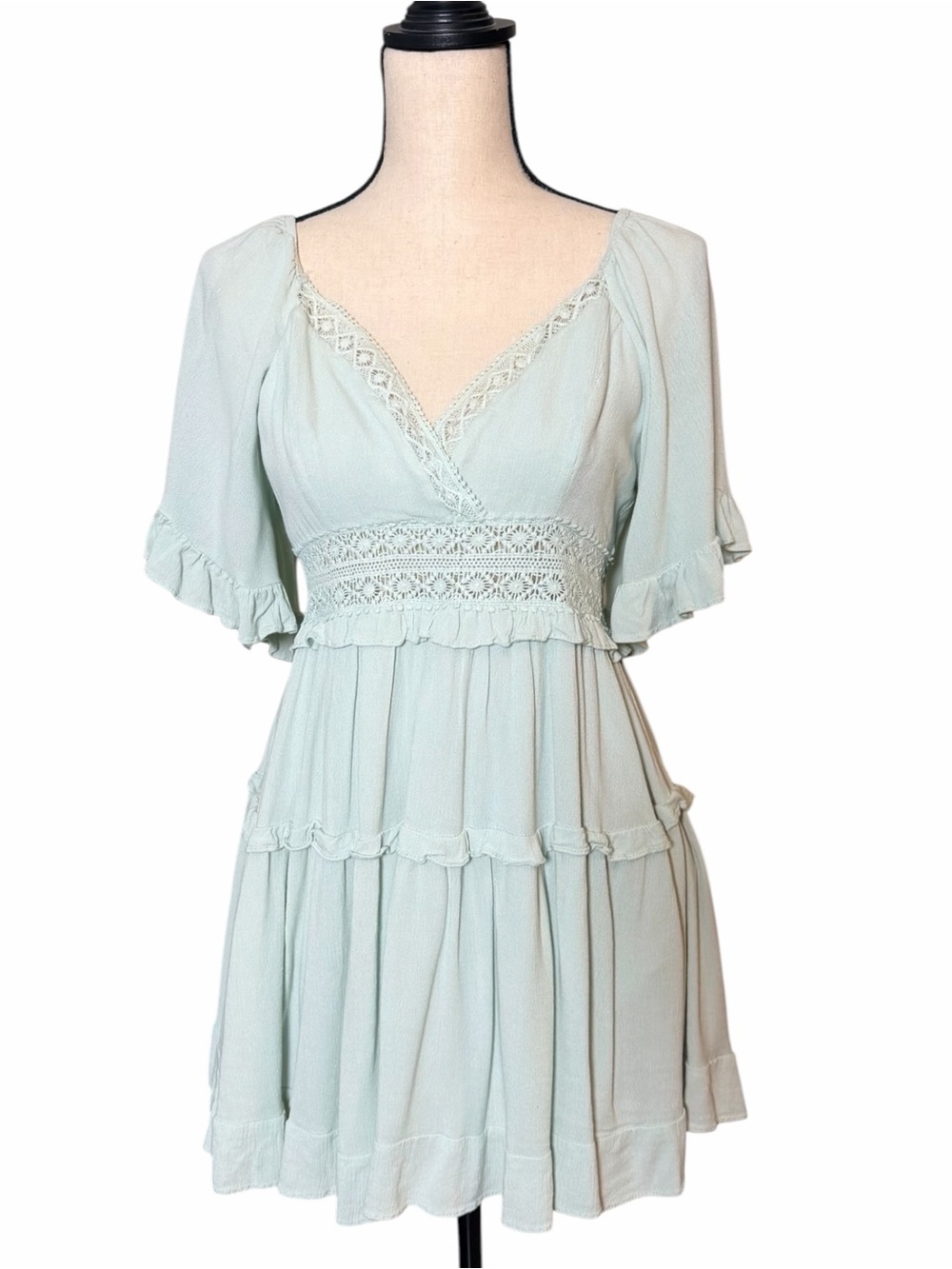 Mable Light Blue/Green Boho Tiered Lace Mini Dress - Size Medium